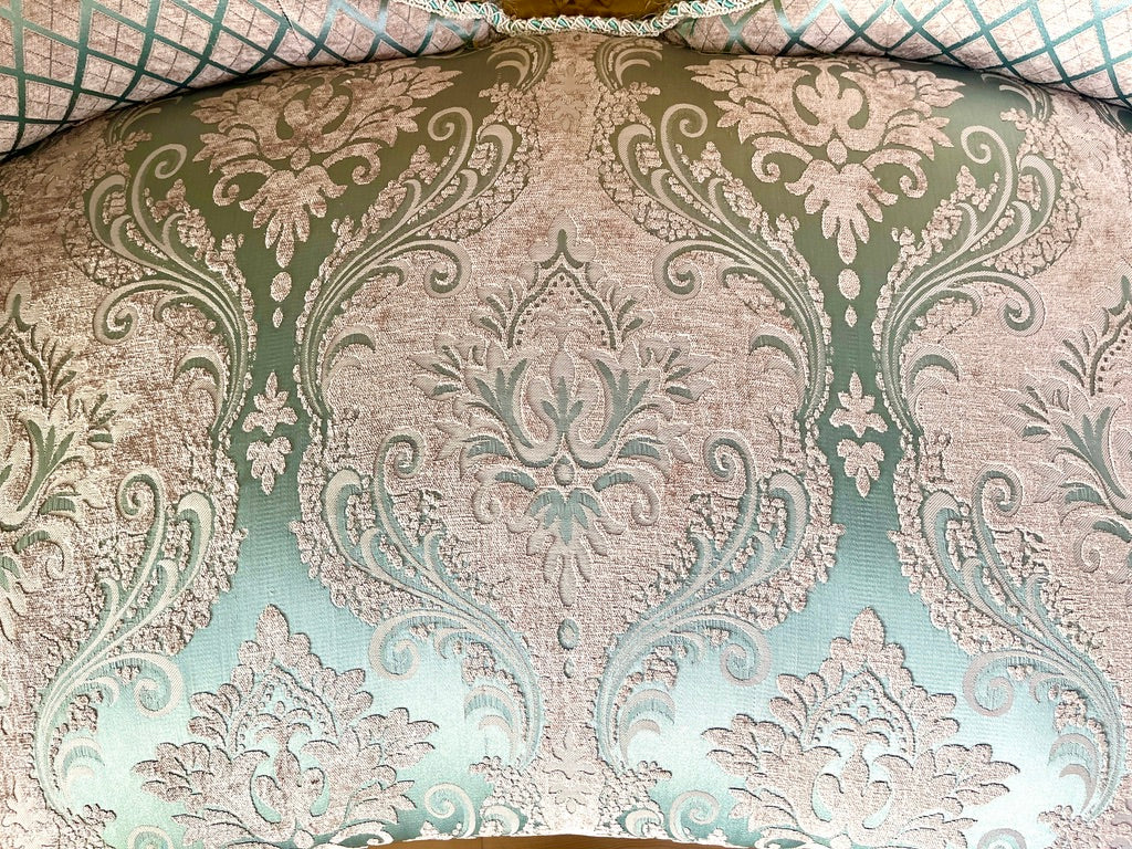 Love Seat Royal Baroque Style Bench Sky Blue Damask Flower Pattern Antique Style Couch in Gold Finish for Housewarming Party Xmas Home Gift