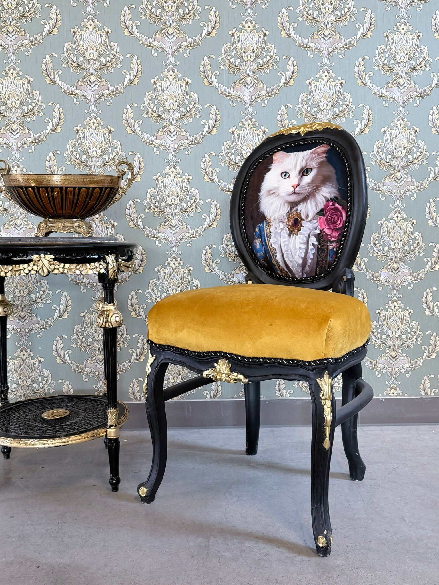 Baroque Accent Chair Yellow Velvet Chair White Cat Print French Funky Furniture