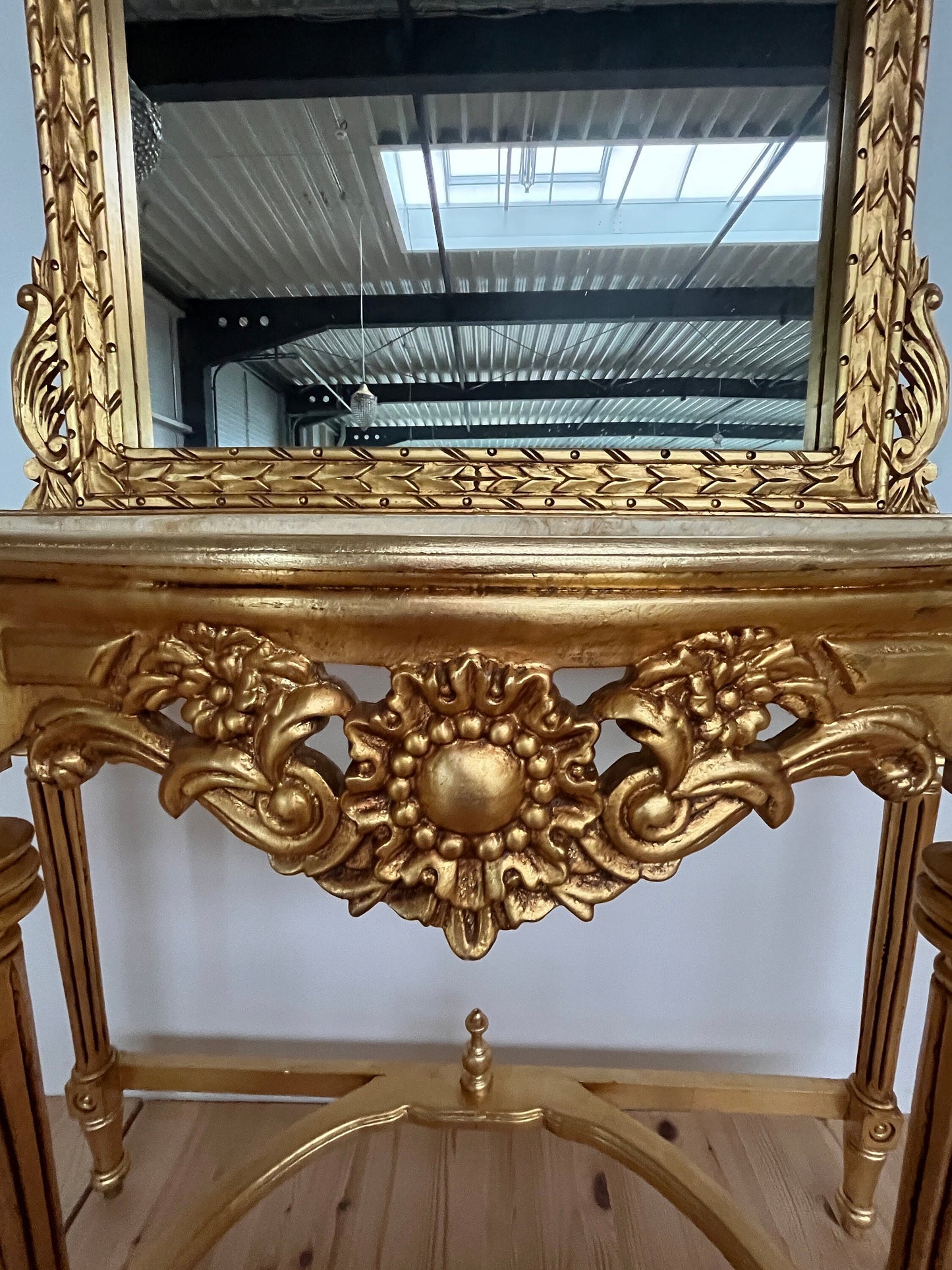 Mirror Table Console Retro Baroque Style with Marble Slab Top Handmade Wooden Table in Gold Finish