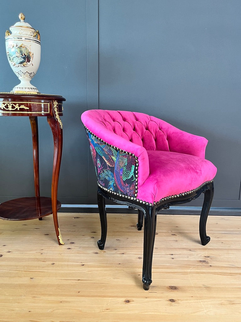 Fuchsia Velvet Cocktail Chair Jungle Print French Accent Armchair Tufted Glam Lounge Chair