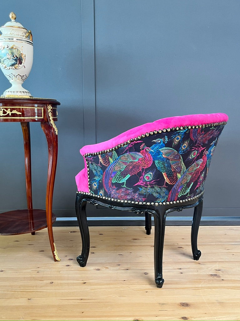 Fuchsia Velvet Cocktail Chair Jungle Print French Accent Armchair Tufted Glam Lounge Chair