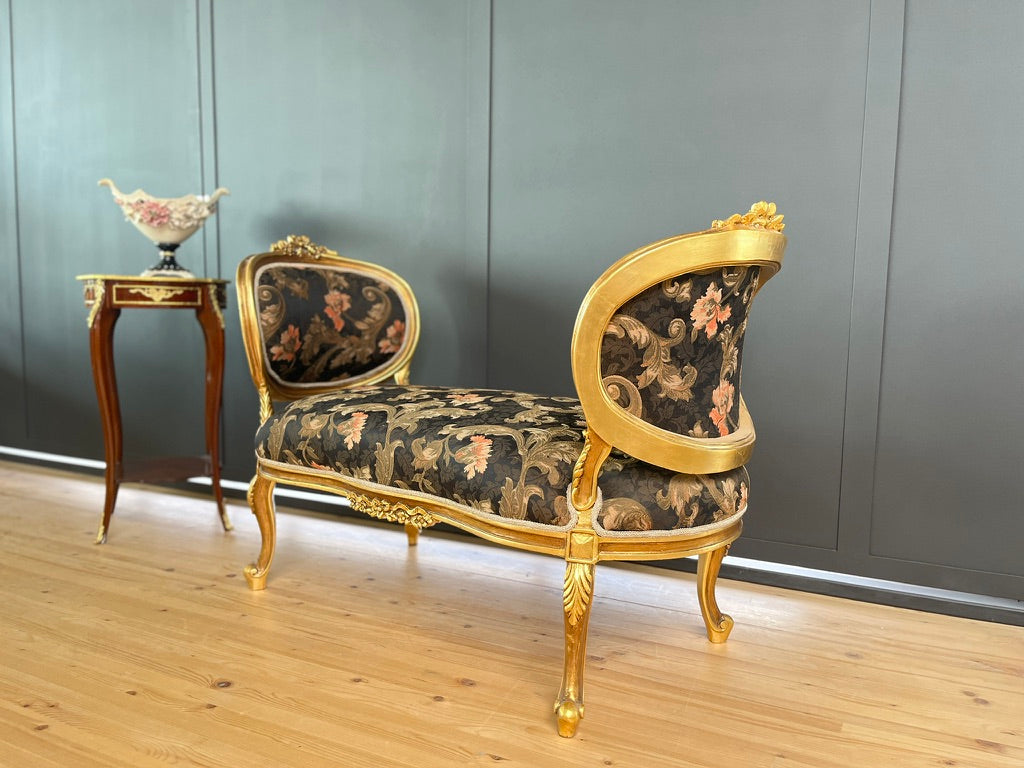 Chic French Chaise Longue Black Floral Baroque Settee Luxury Home Design Furniture