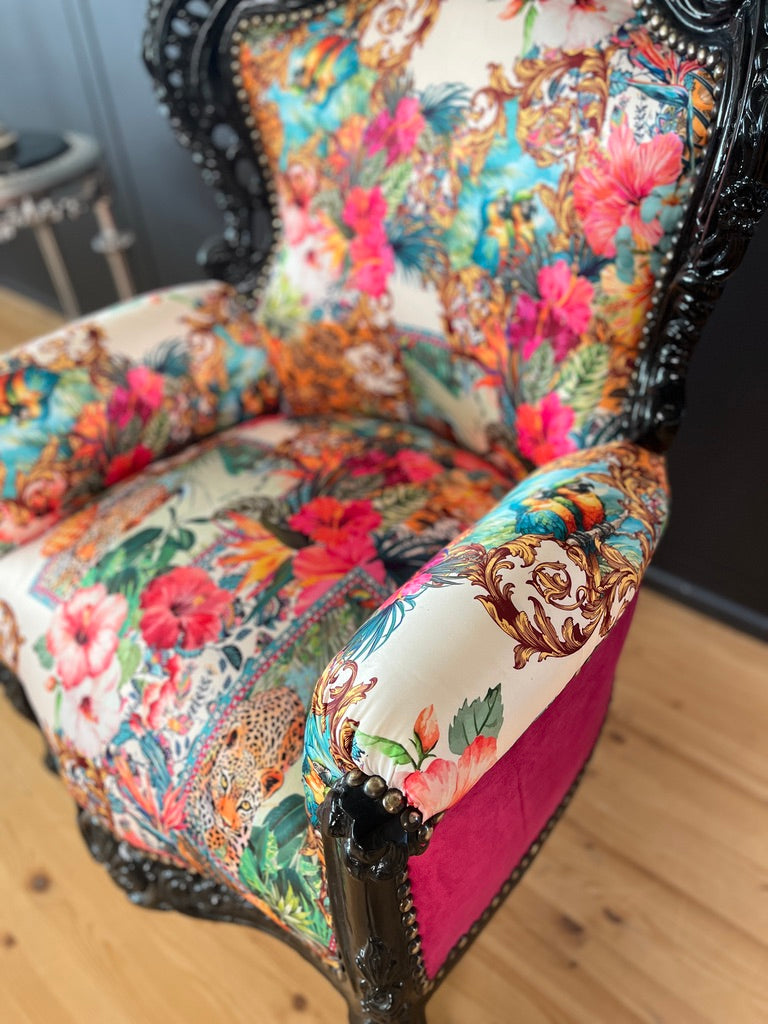 Stylish Baroque Armchair Chic Floral Print Italian Rococo Accent Lounge Chair