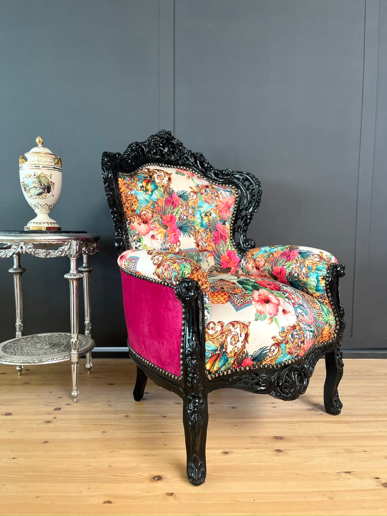 Stylish Baroque Armchair Chic Floral Print Italian Rococo Accent Lounge Chair
