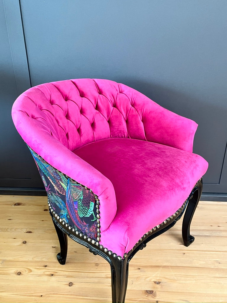 Fuchsia Velvet Cocktail Chair Jungle Print French Accent Armchair Tufted Glam Lounge Chair