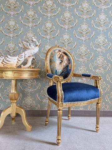Royal Accent Armchair Baroque Funky Chair Blue Velvet Lion King Print Luxury Furniture