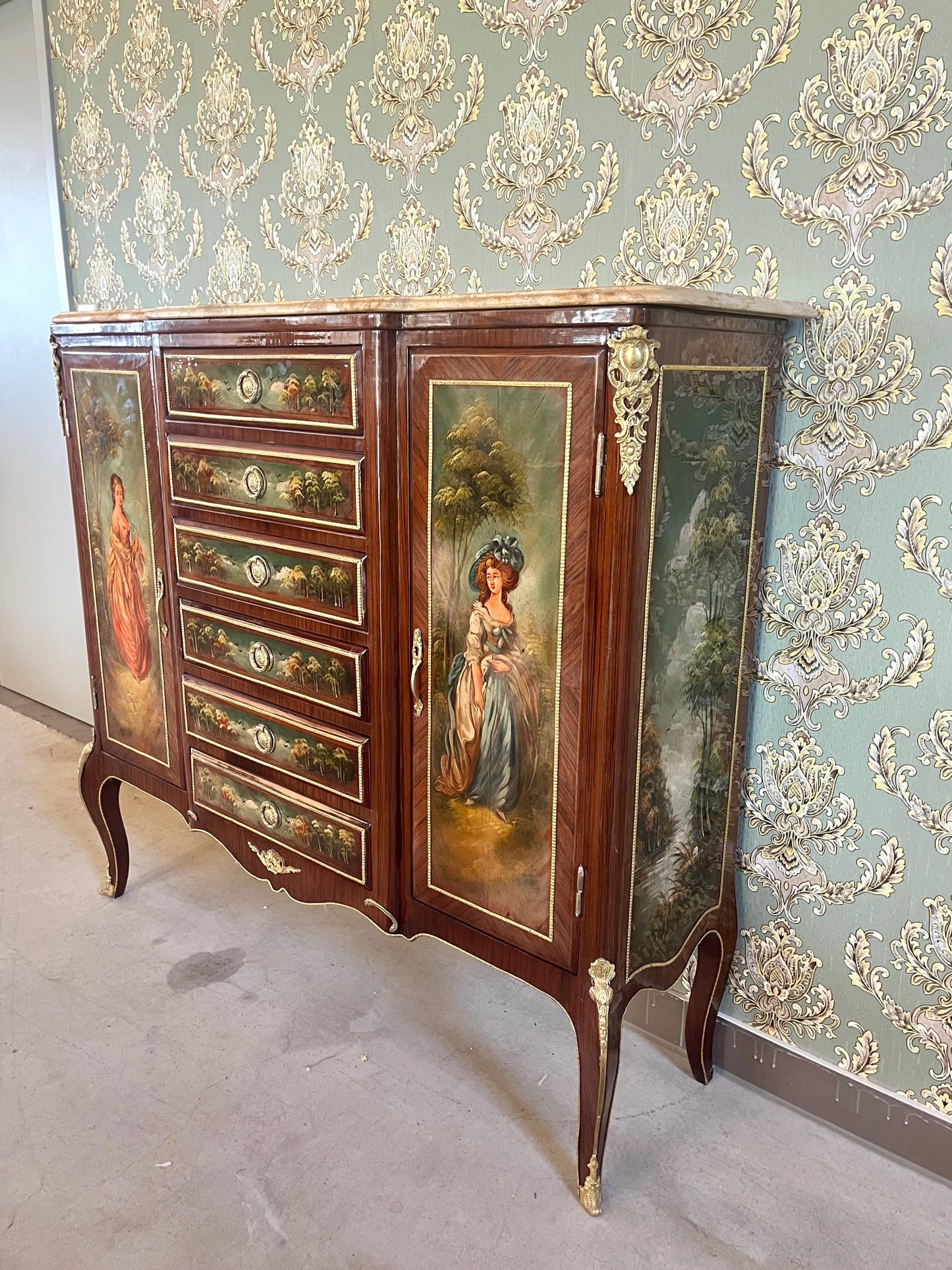 Wall Cabinet Antique Baroque Style Oil Painting Handpainted in front Retro French Cupboard with Marble Slab Top Noble Piece for Home Decor