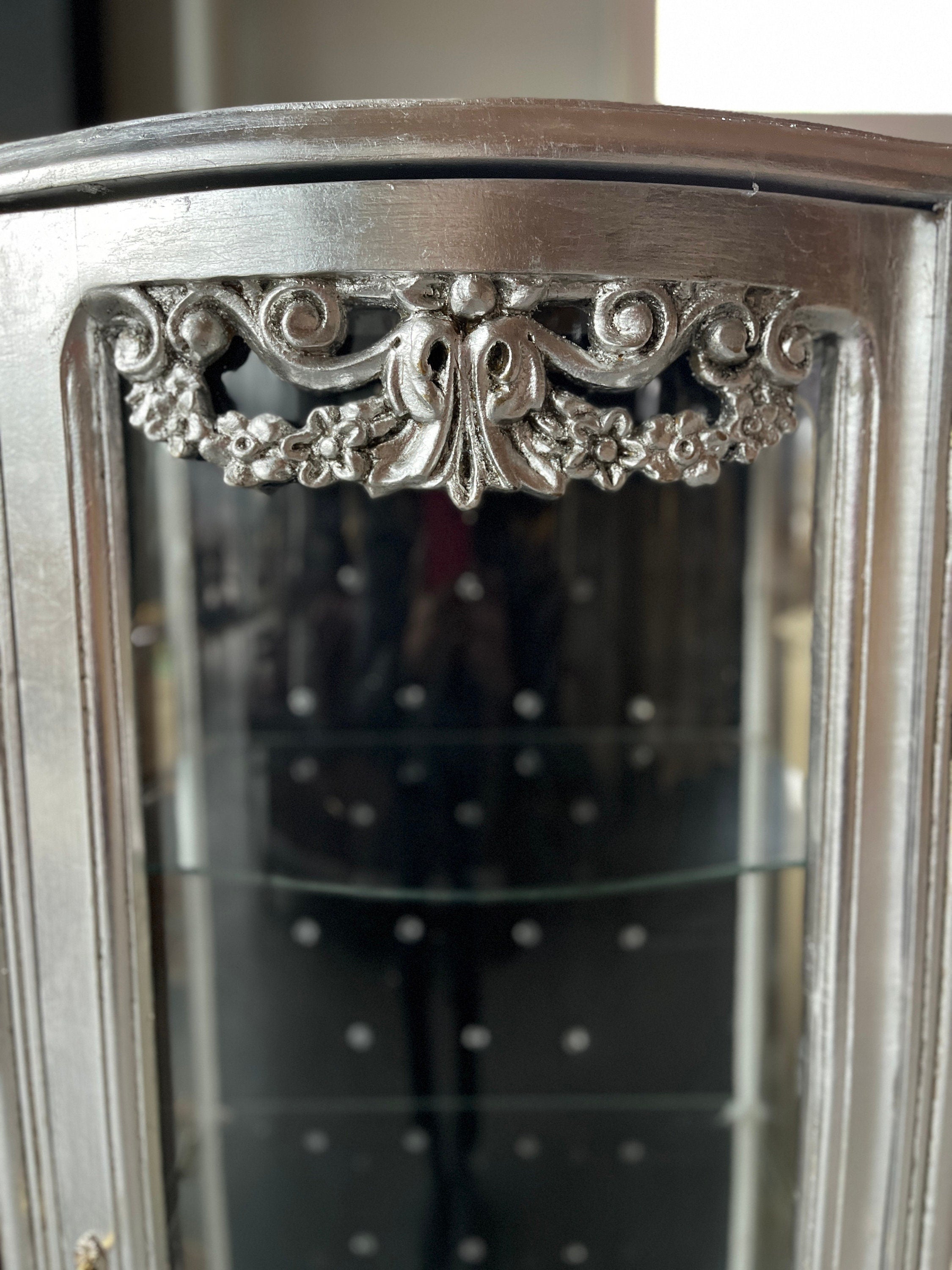 Display Cabinet Silver Black French Louis XV Antique Style Showcase Marble at Top Middle Size Baroque Style Showcase for Home Decor