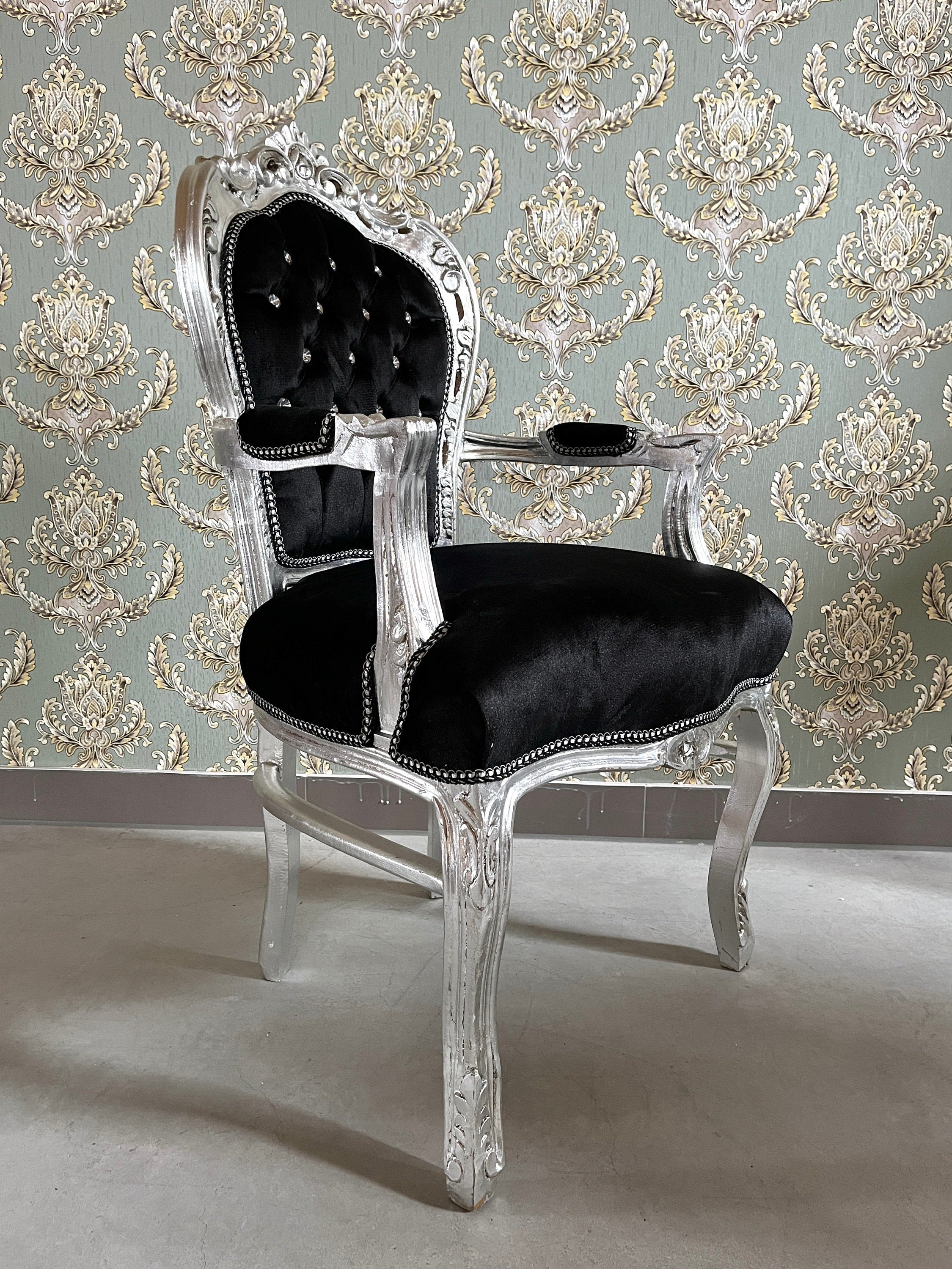 Armchair French Louis Style Black Velvet Chair Antique Style Baroque Rococo Style Armchair in Silver Finish Velvet Black for Home
