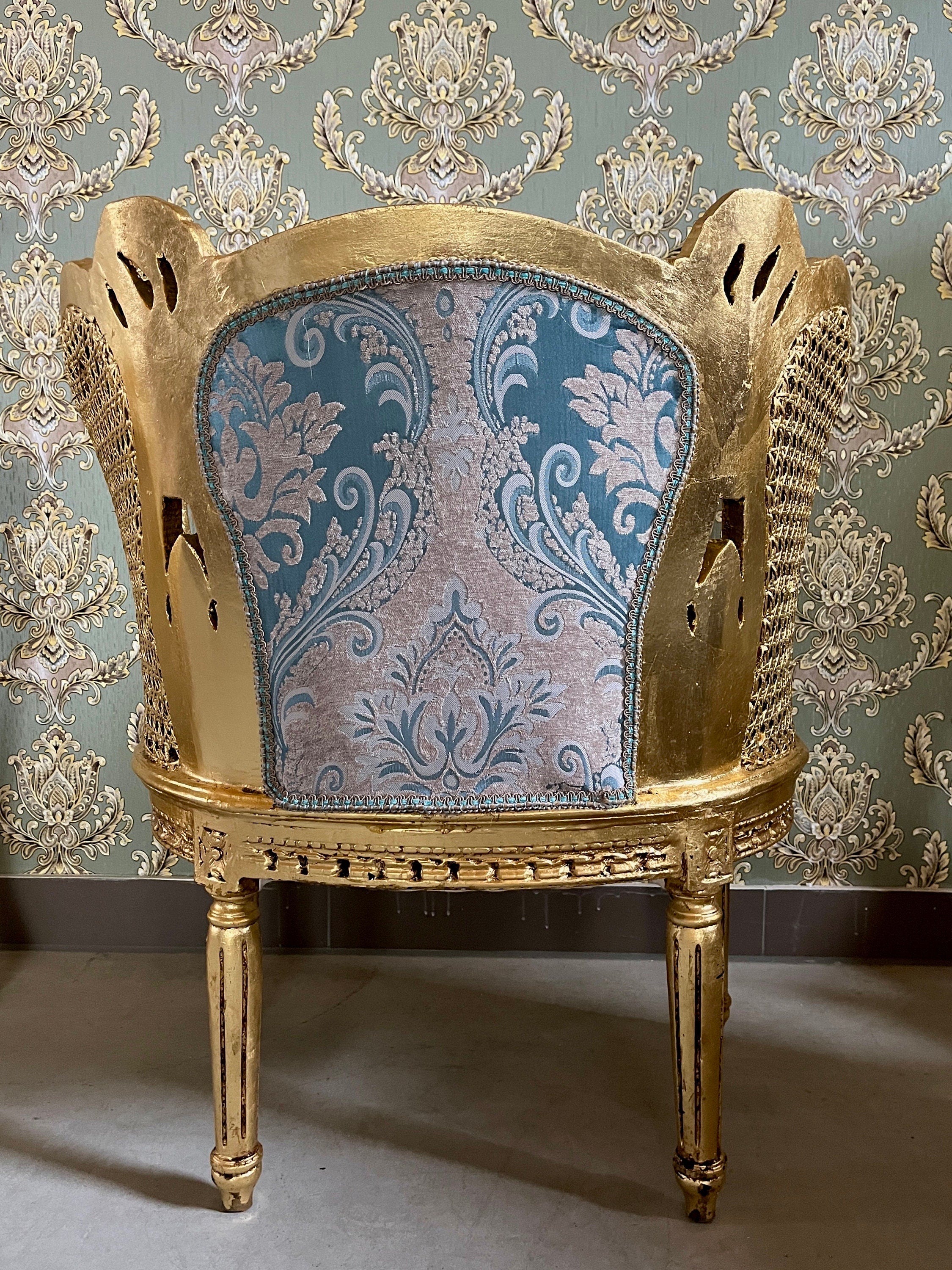 Pair Set Armchair Blue Royal Baroque Rococo Antique Style Chair in Gold Finish Woven Mesh Armrest & Blue Velvet Fabric for Lounge Room Decor
