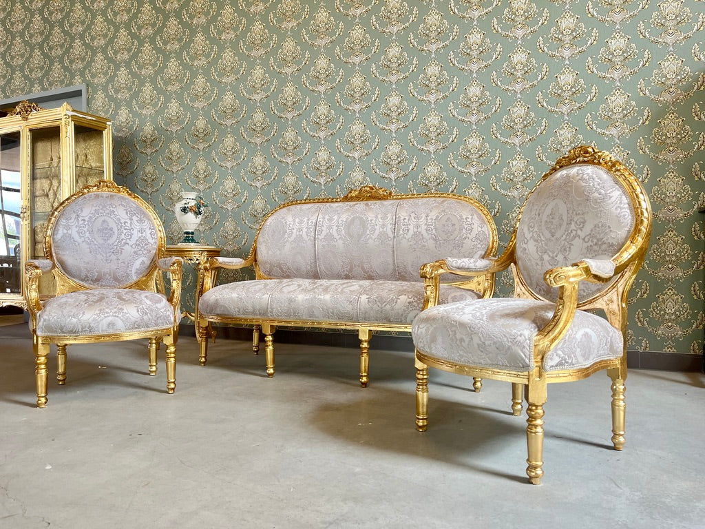 Rococo Accent Sofa Set Champagne Gold Floral Pattern Luxury French Salon Set - CasAmin Möbel