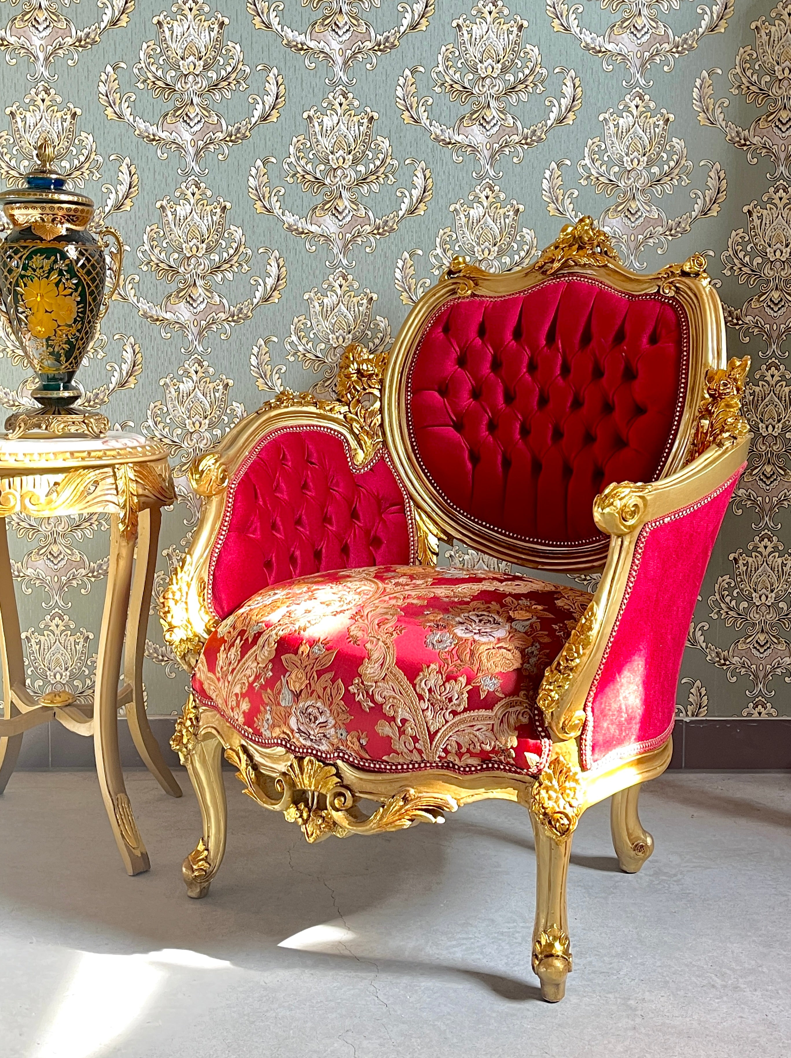 Royal Accent Armchair Bordeaux Red Damask Lounge Chair Luxury Handcrafted Furniture