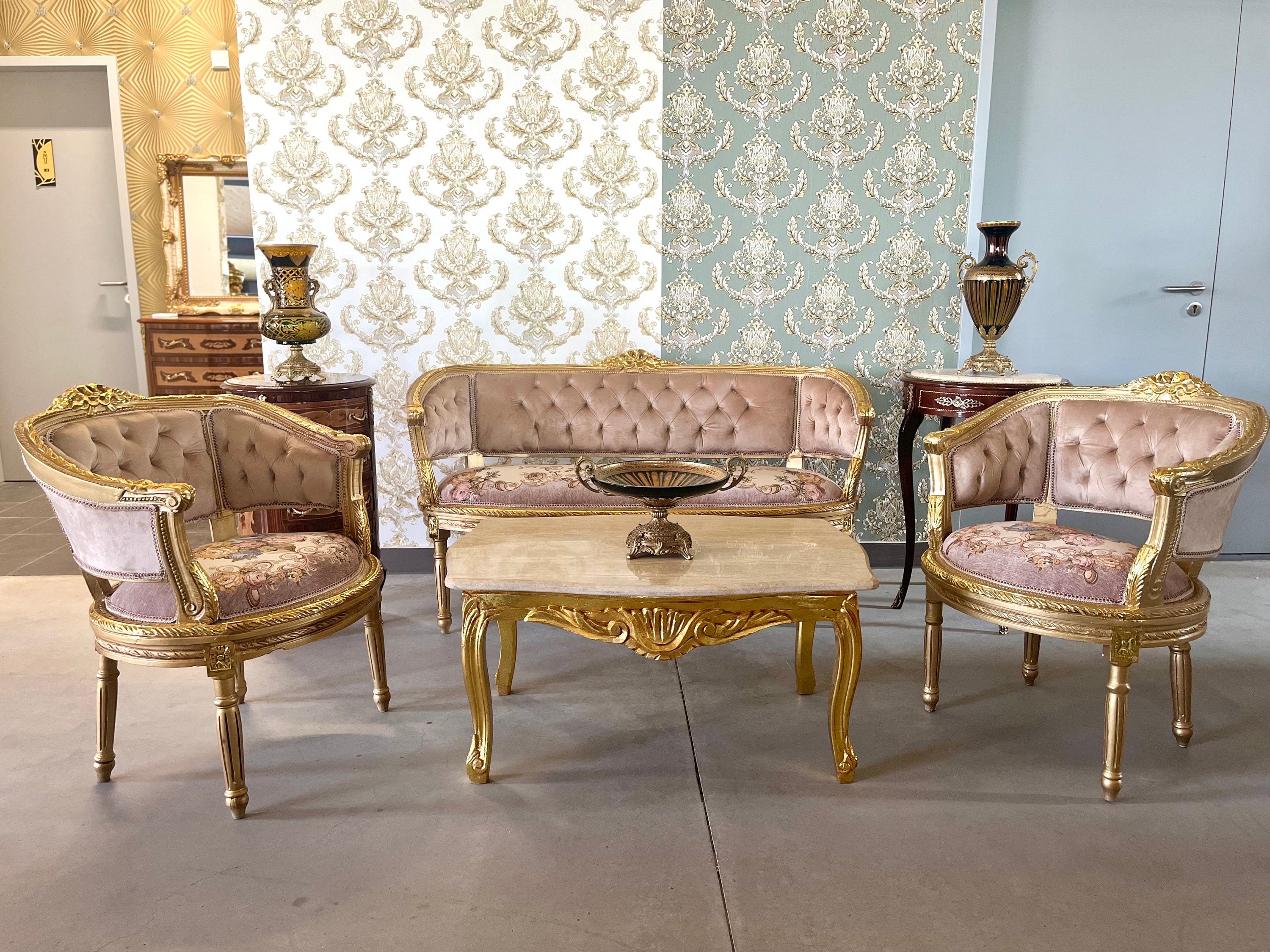 Sofa Set Retro Baroque Style Camel Color Velvet Lounge Sofa French Louis Antique Style in Gold Finish for Lodge Home