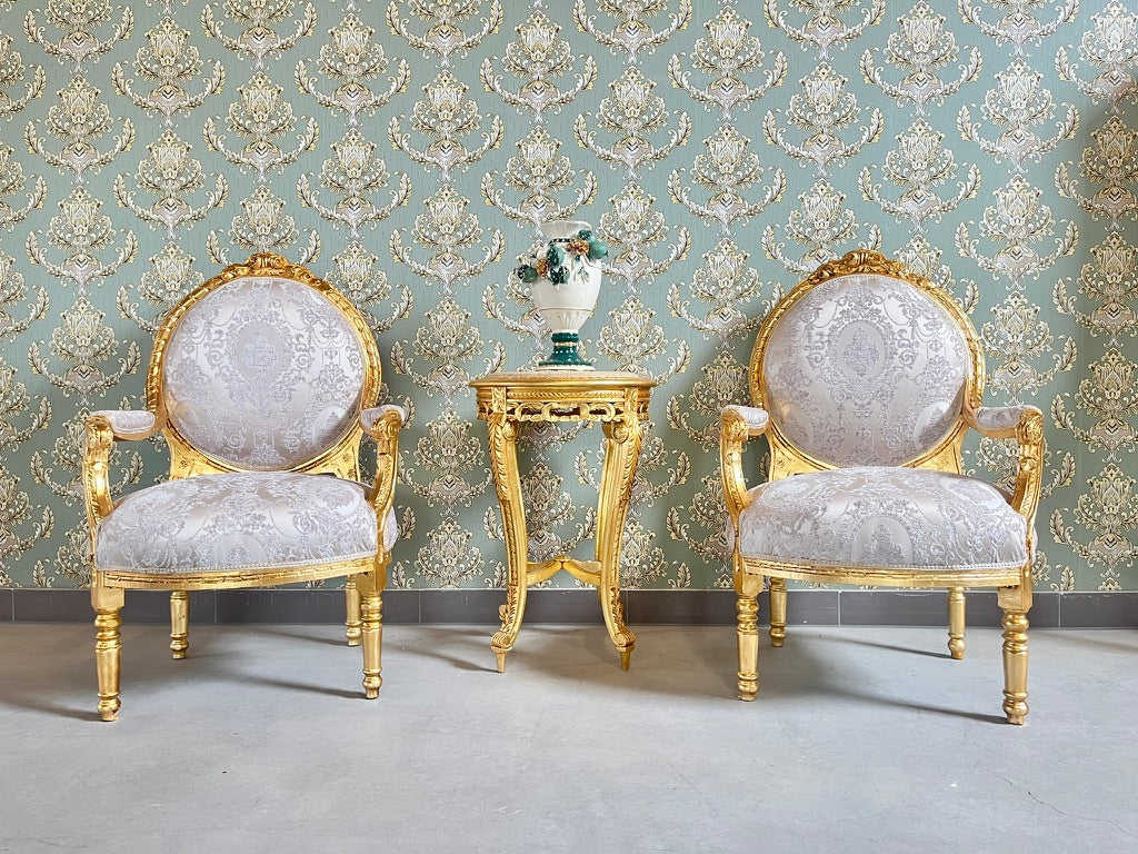 Rococo Armchair & Marble Top Table Set in Beige Floral Baroque Lounge Furniture