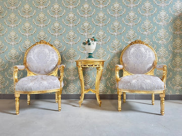 Rococo Armchair & Marble Top Table Set in Beige Floral Baroque Lounge Furniture