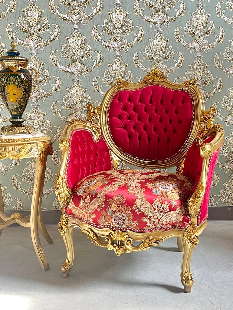 Royal Accent Armchair Bordeaux Red Damask Lounge Chair Luxury Handcrafted Furniture