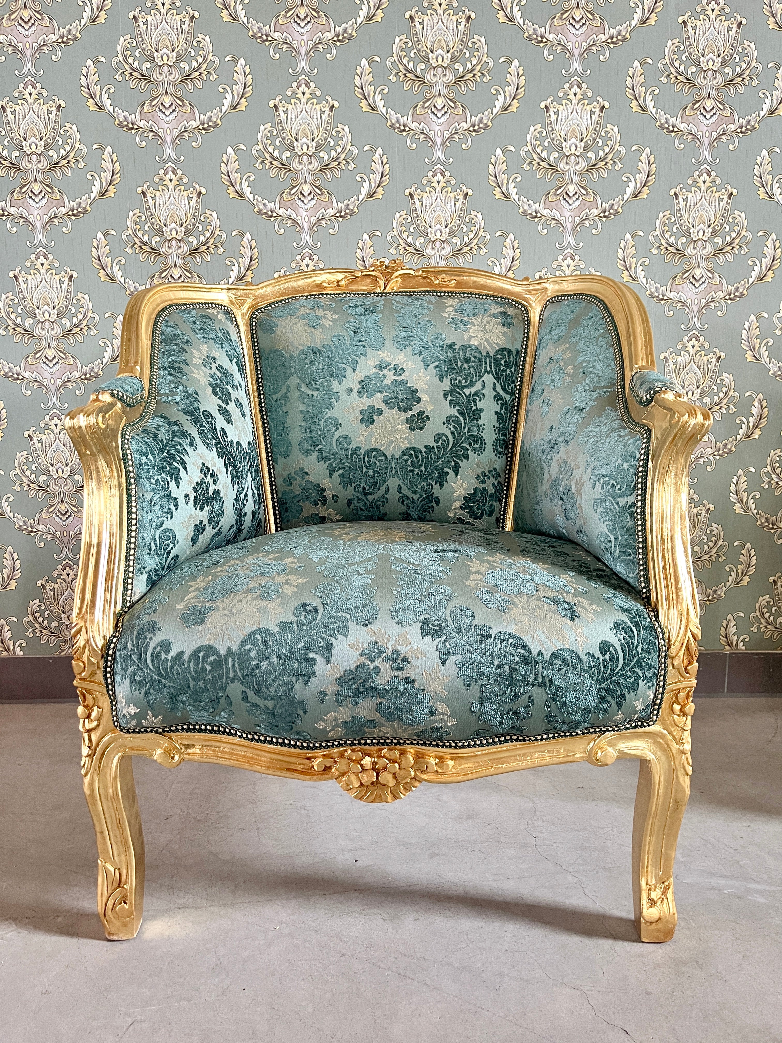 Rococo Accent Armchair French Baroque Fauteuil Turquoise Damask Handmade Luxury Chair