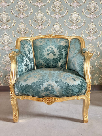 Rococo Accent Armchair French Baroque Fauteuil Turquoise Damask Handmade Luxury Chair