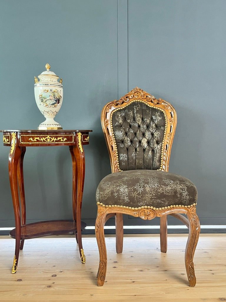 French Louis XV Baroque accent chair in midnight black velvet with handcrafted beech wood frame, stylish and elegant furniture piece.