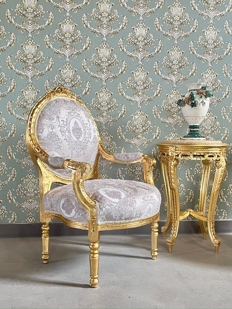 Rococo Armchair & Marble Top Table Set in Beige Floral Baroque Lounge Furniture