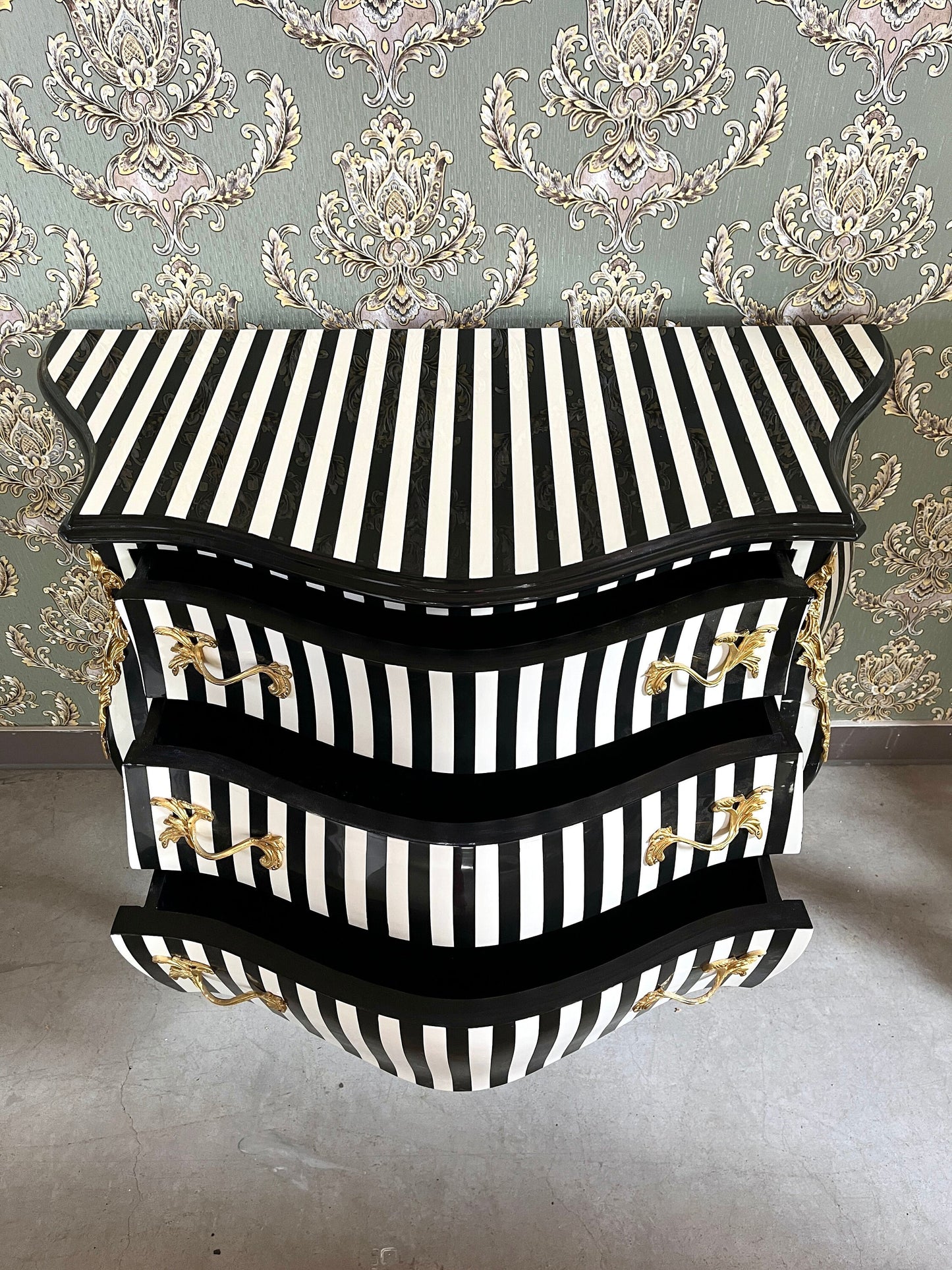 Chest of Drawer Louis XV Style Black Stripe Dresser Classic Baroque Rococo Style Wooden Cabinet Nostalgic Style for Bedroom Decor Gift
