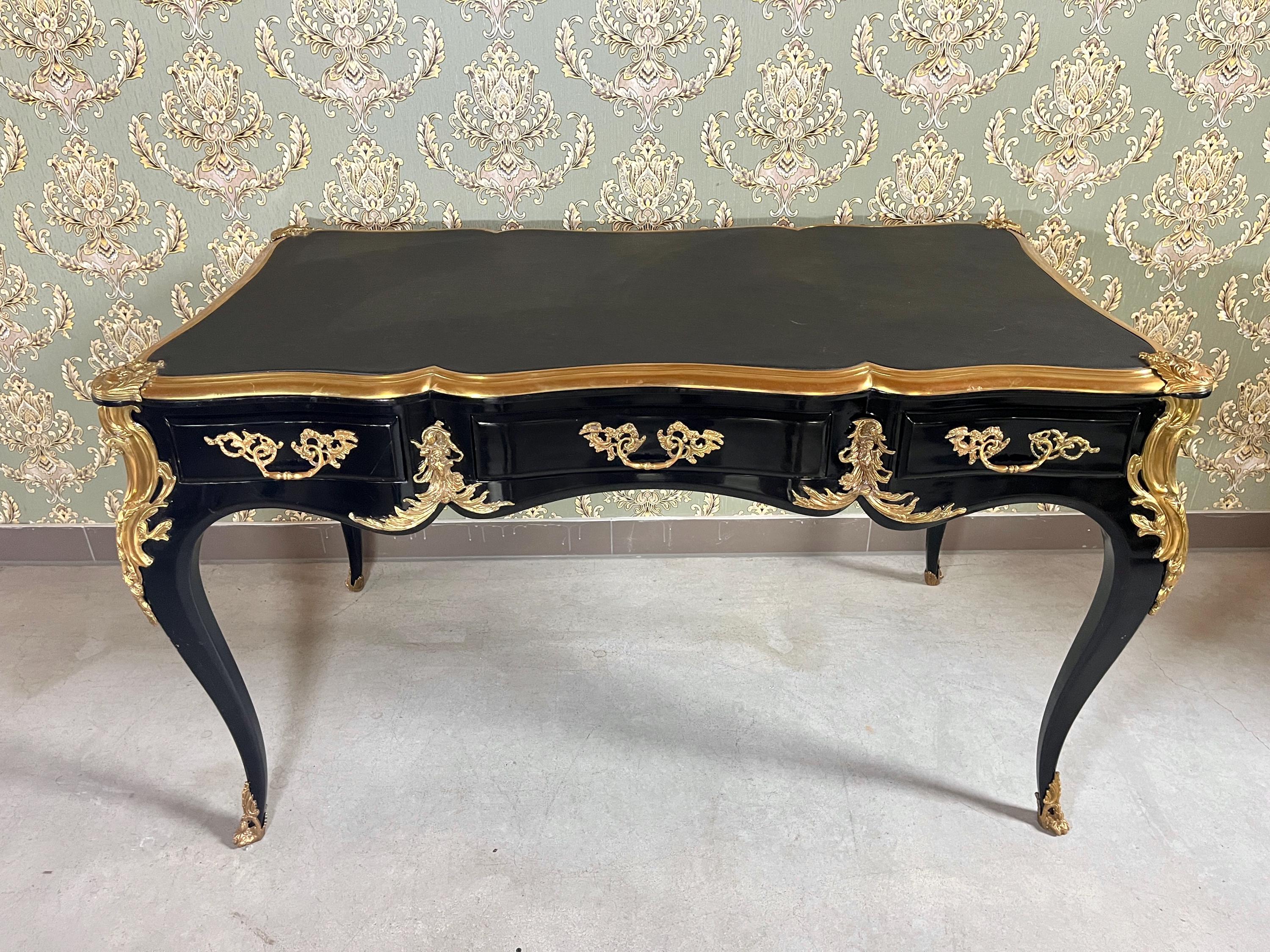 Luxurious Black Wooden Desk Antique Baroque Style Table with Bronze Ornaments at Edge Lacquered in Black - LIMITED EDITION