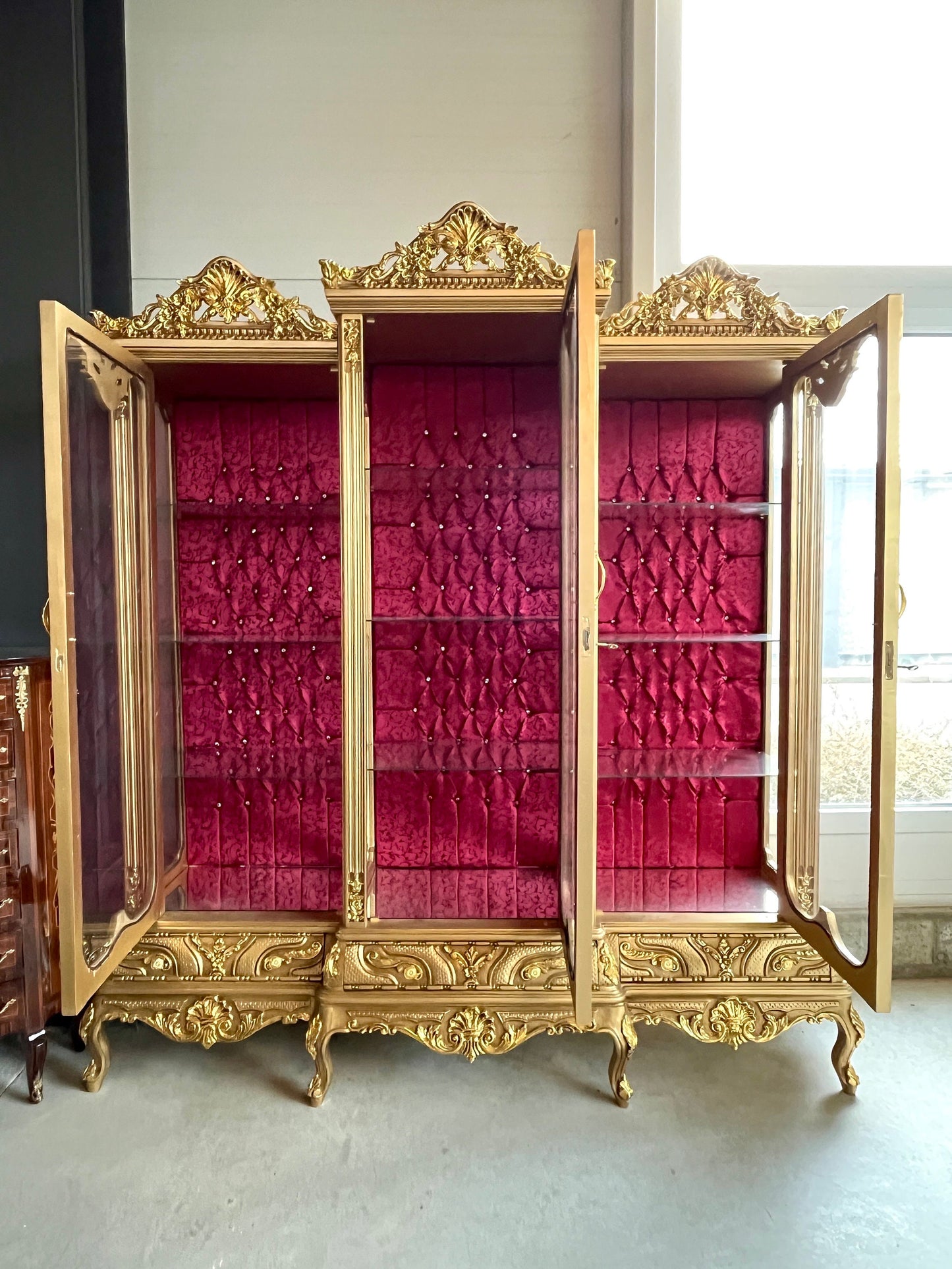 Huge Display Cabinet Deluxe Baroque Style Glass Cabinet Royal Antique Style Reproduction Showcase in Gold Finish for Home Decor-LIMITED ITEM