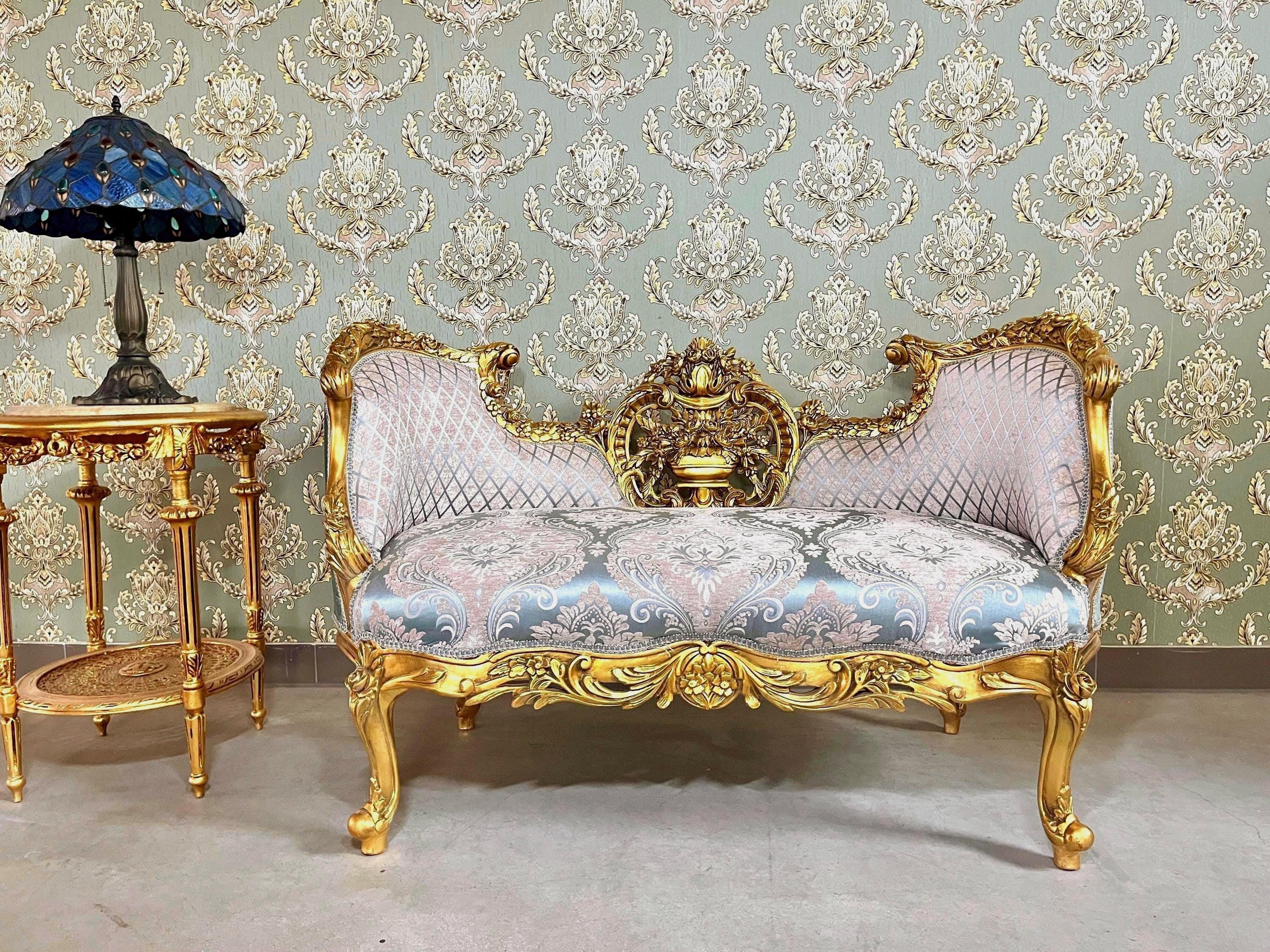 Love Seat Royal Baroque Style Bench Sky Blue Damask Flower Pattern Antique Style Couch in Gold Finish for Housewarming Party Xmas Home Gift