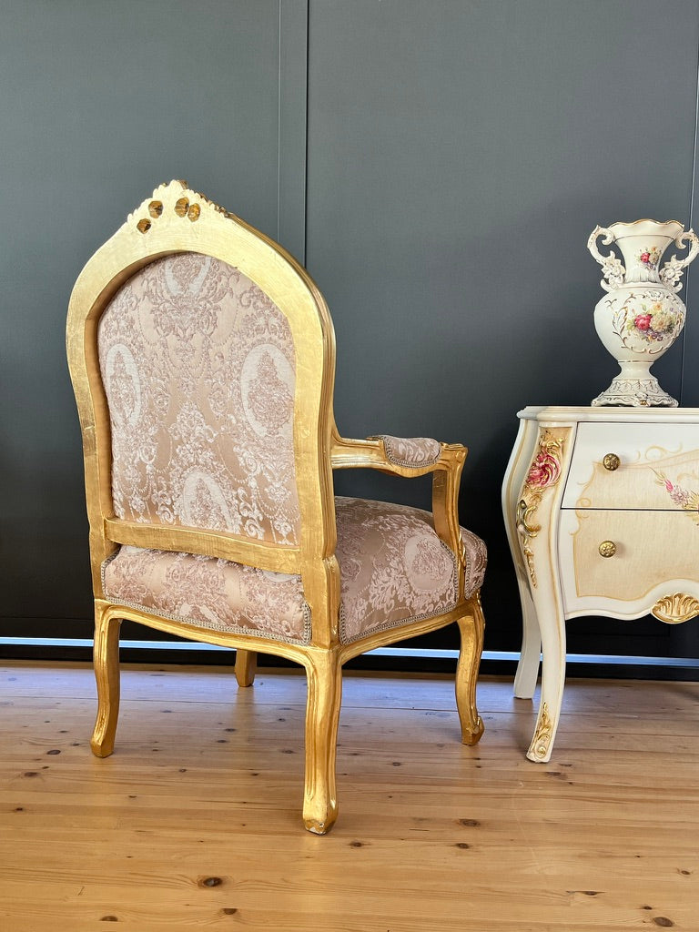 Rococo Louis XV Accent Armchair Black & Gold Floral Damask French Baroque Lounge Chair