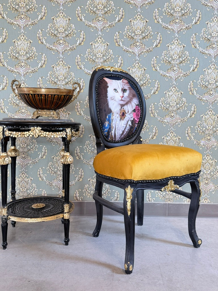 Baroque Accent Chair Yellow Velvet Chair White Cat Print French Funky Furniture
