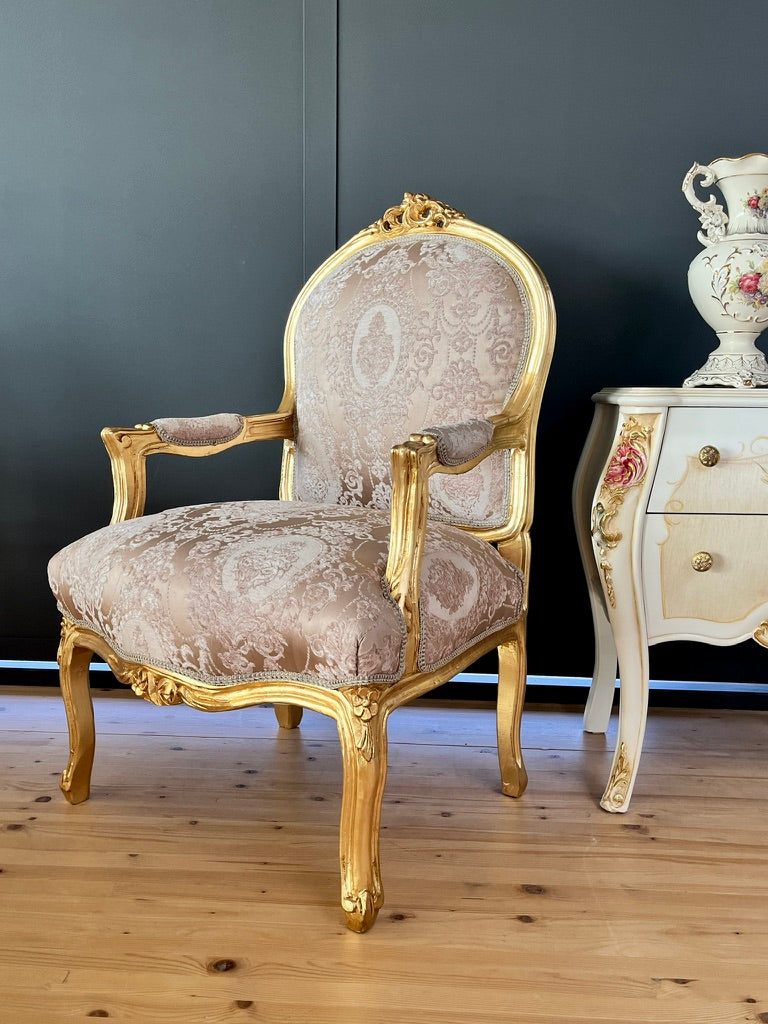 Rococo Louis XV Accent Armchair Black & Gold Floral Damask French Baroque Lounge Chair