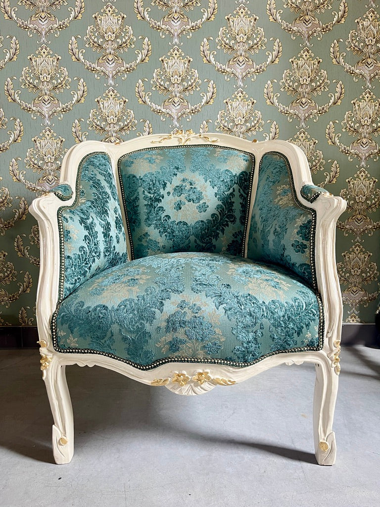 Rococo Accent Armchair French Baroque Fauteuil Turquoise Damask Handmade Luxury Chair