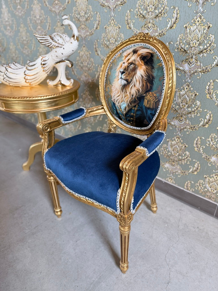 Royal Accent Armchair Baroque Funky Chair Blue Velvet Lion King Print Luxury Furniture