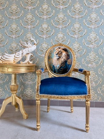 Royal Accent Armchair Baroque Funky Chair Blue Velvet Lion King Print Luxury Furniture