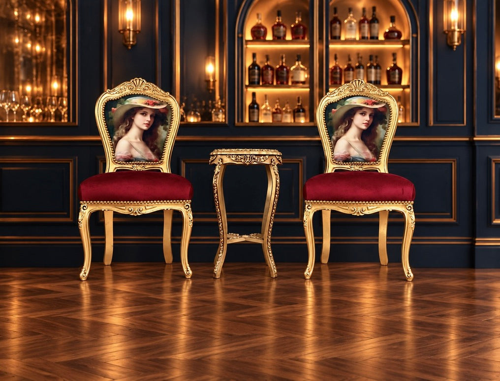 CasAmin Möbel Bordeaux red velvet feminine accent lounge chair with gold finish and ornate Baroque design.