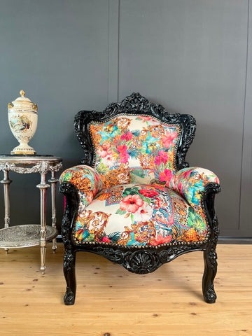 Stylish Baroque Armchair Chic Floral Print Italian Rococo Accent Lounge Chair