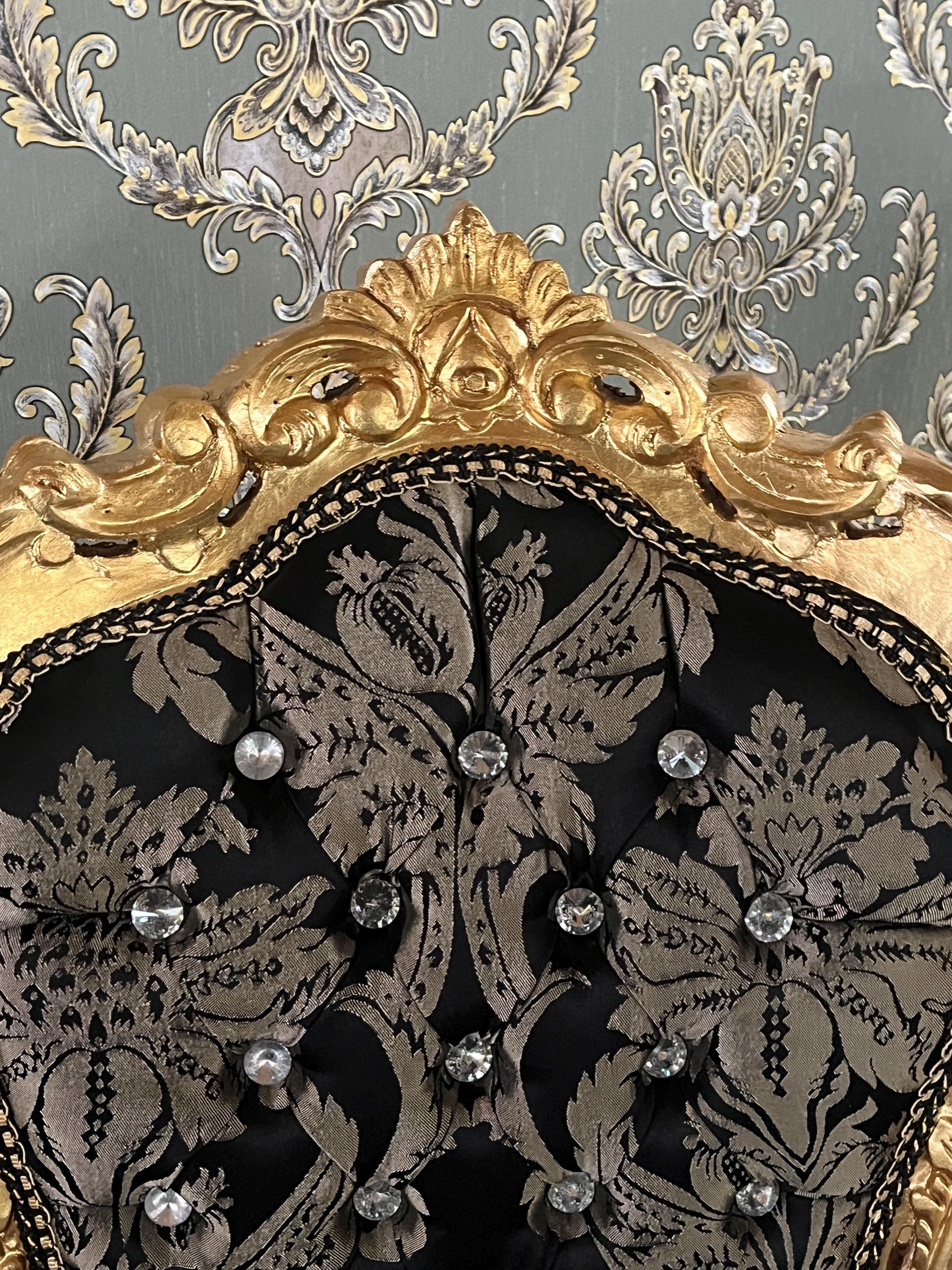 Baroque Accent Chair Black Floral Dining Chair in Gold Finish Retro French Style
