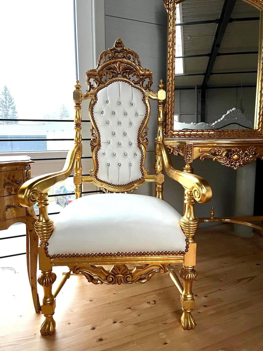 Throne Italian Barock Rococo Style Armchair Royal Antique Style Chair Gold Finish White Leather Like