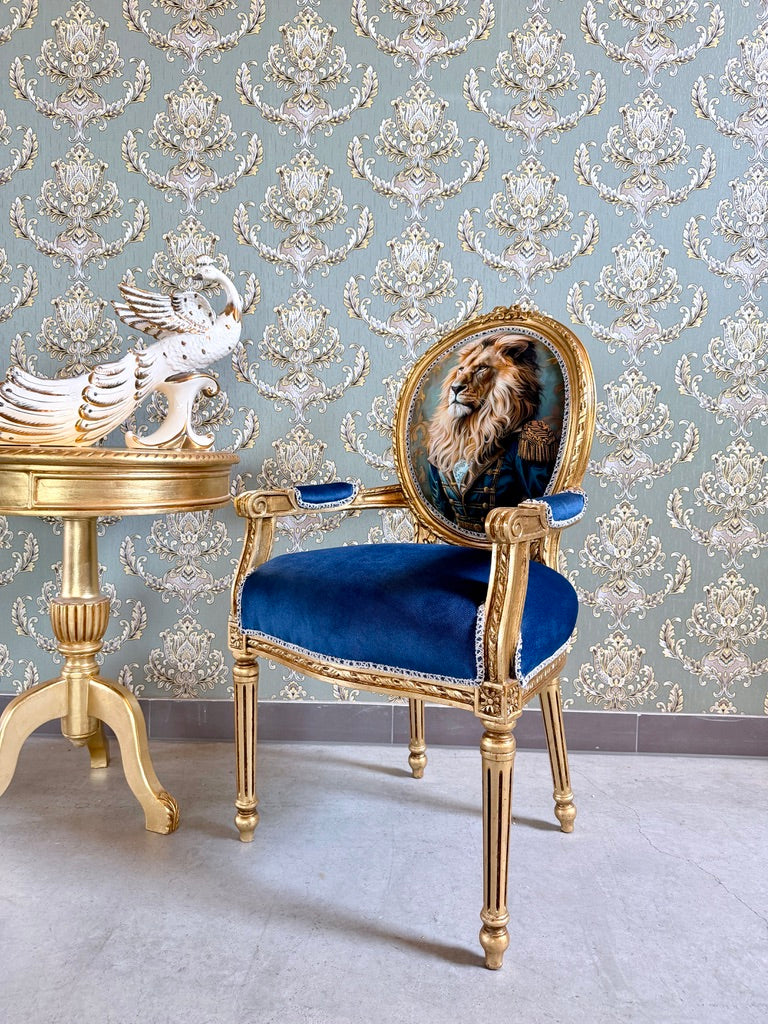 Royal Accent Armchair Baroque Funky Chair Blue Velvet Lion King Print Luxury Furniture