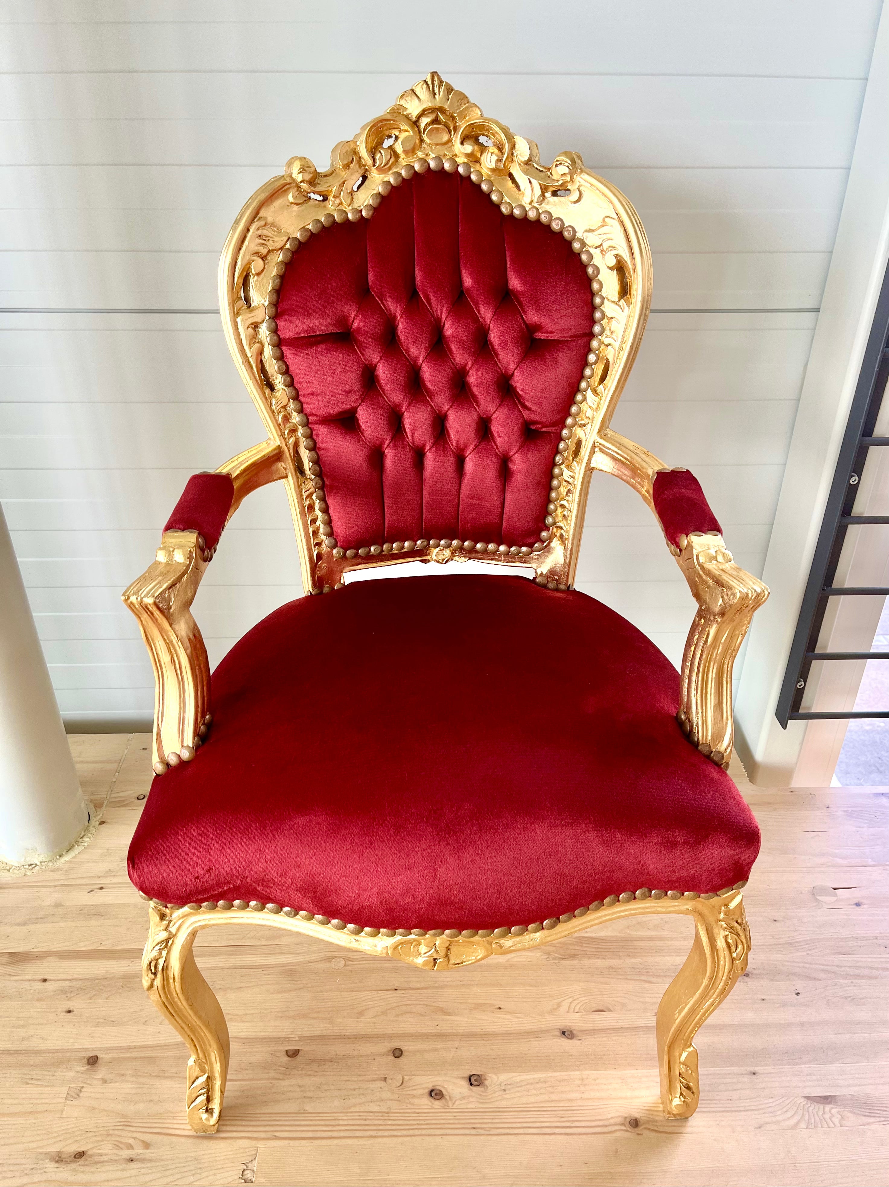 French Baroque Armchair Red Velvet  Gold Gilded Louis XV Chair For Holiday Decor