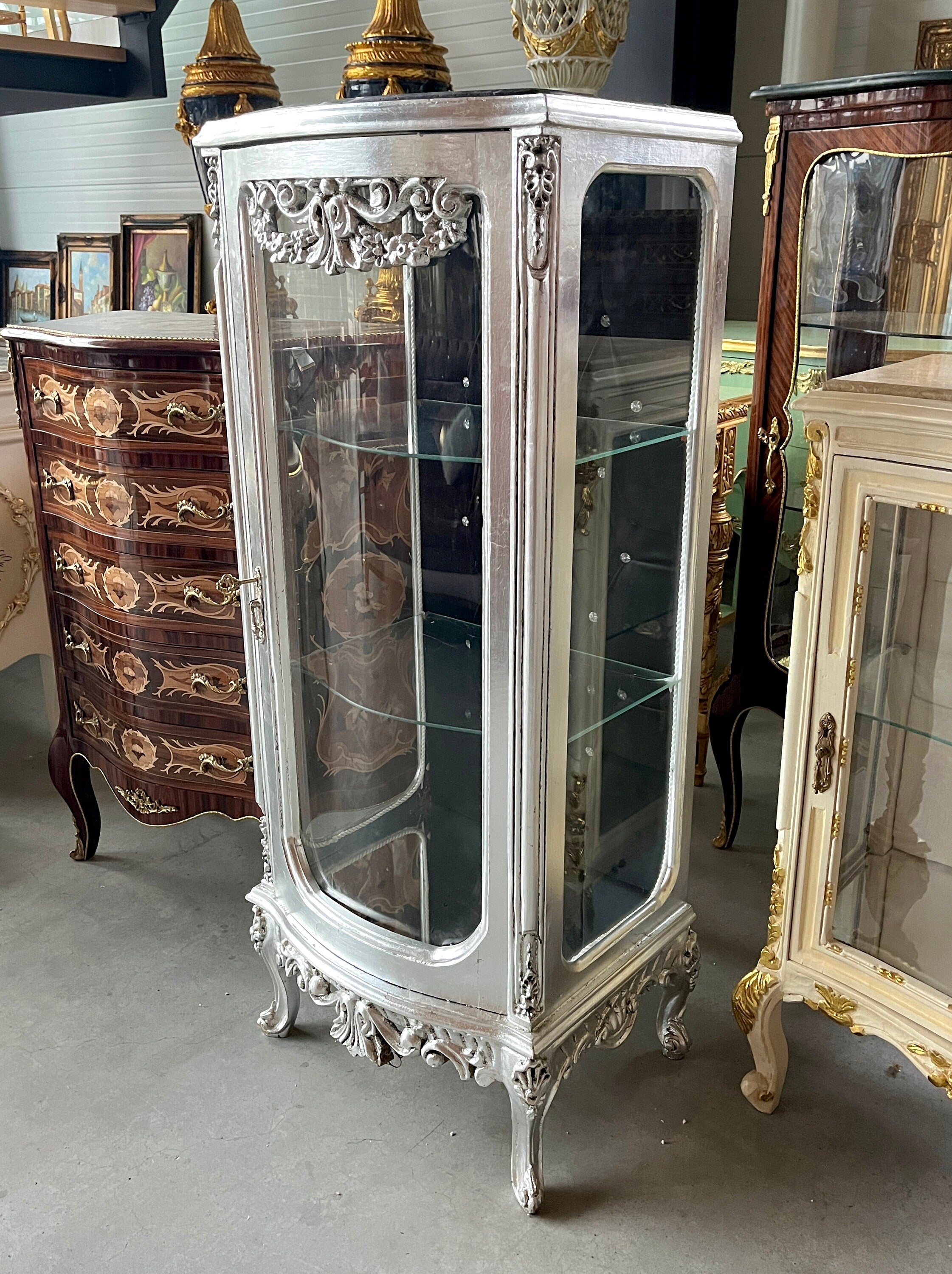 Display Cabinet Silver Black French Louis XV Antique Style Showcase Marble at Top Middle Size Baroque Style Showcase for Home Decor