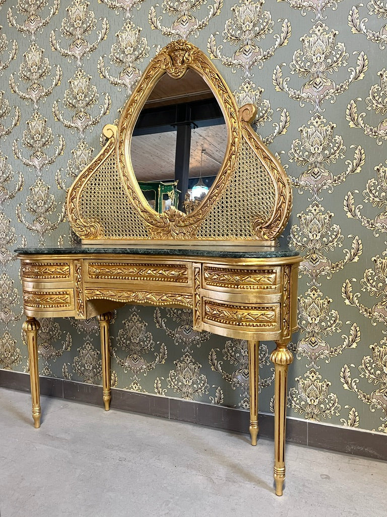 CasAmin Möbel Rococo accent vanity set with baroque mirror and marble-topped table, elegant furniture for bedroom or dressing area.