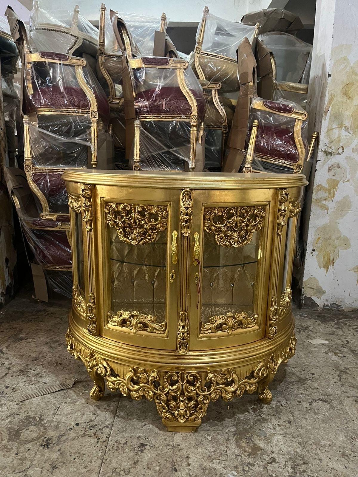 Display Cabinet French Louis Style Showcase Gold Finish Retro Baroque Antique Style for Home Decor