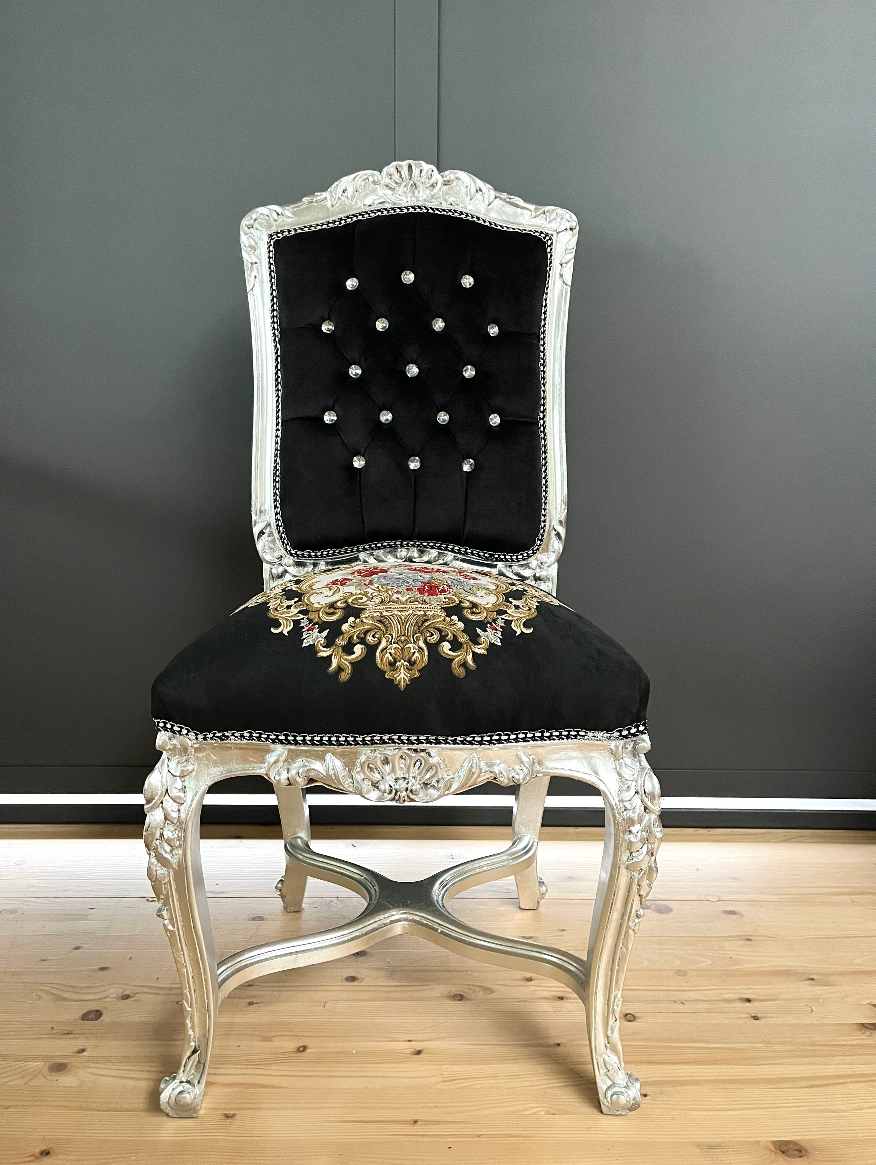 Royal Baroque Accent Chair Floral Embroidered Antique Style Handmade Dining Chair
