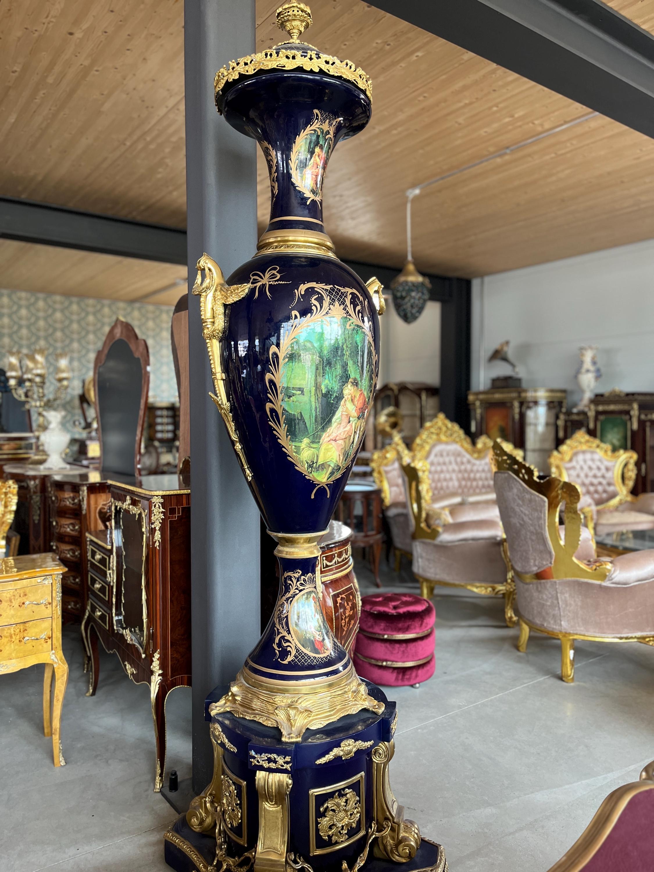 Huge Porcelain Vase Ormolu Mounted Sèvres Style Reproduction Giant Blue Porcelain Vase Stand for Commercial Display for Hotel Decoration