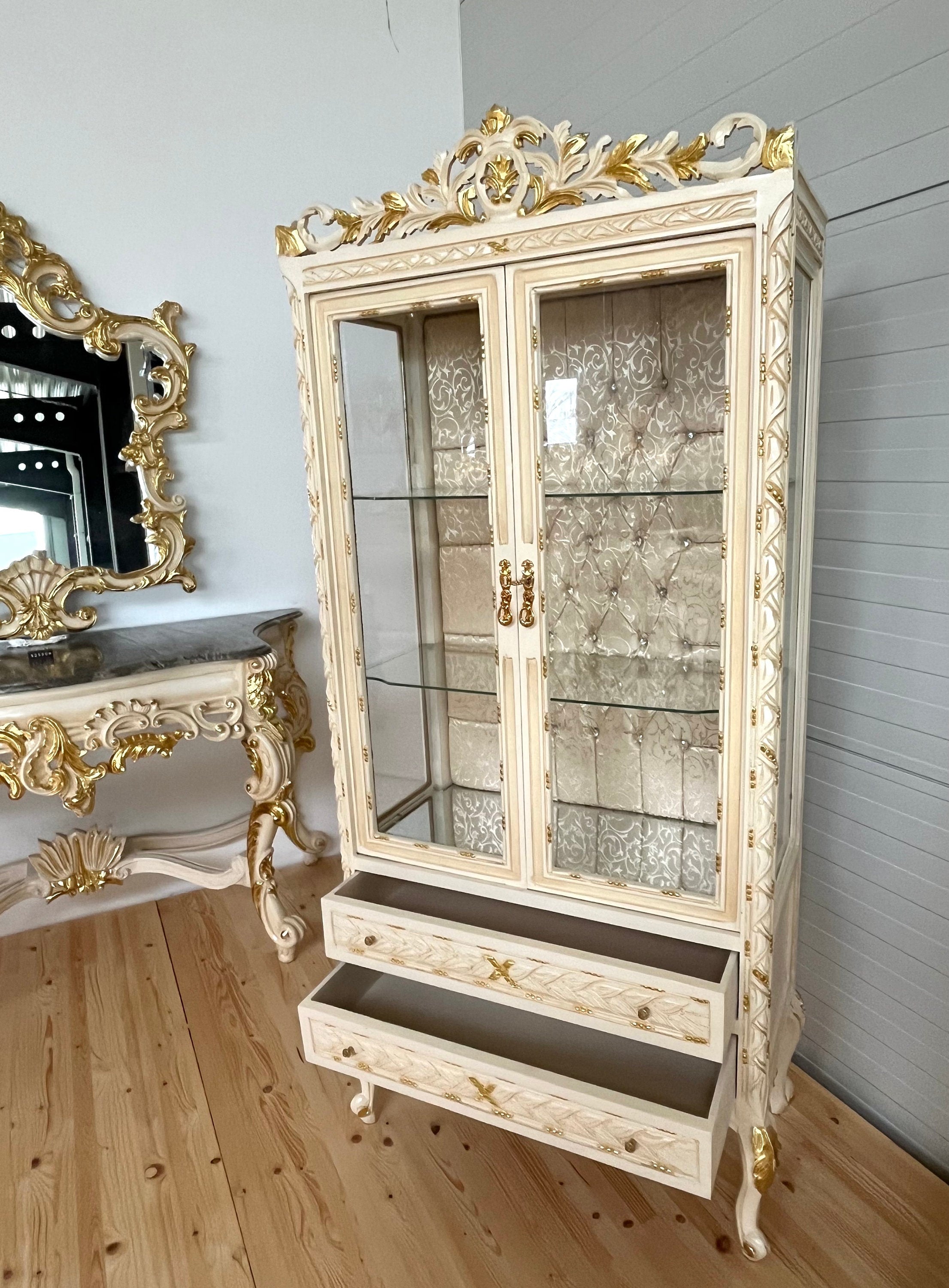 Display Cabinet Wooden French Louis Style Showcase Antique Baroque Style Reproduction Beige Color