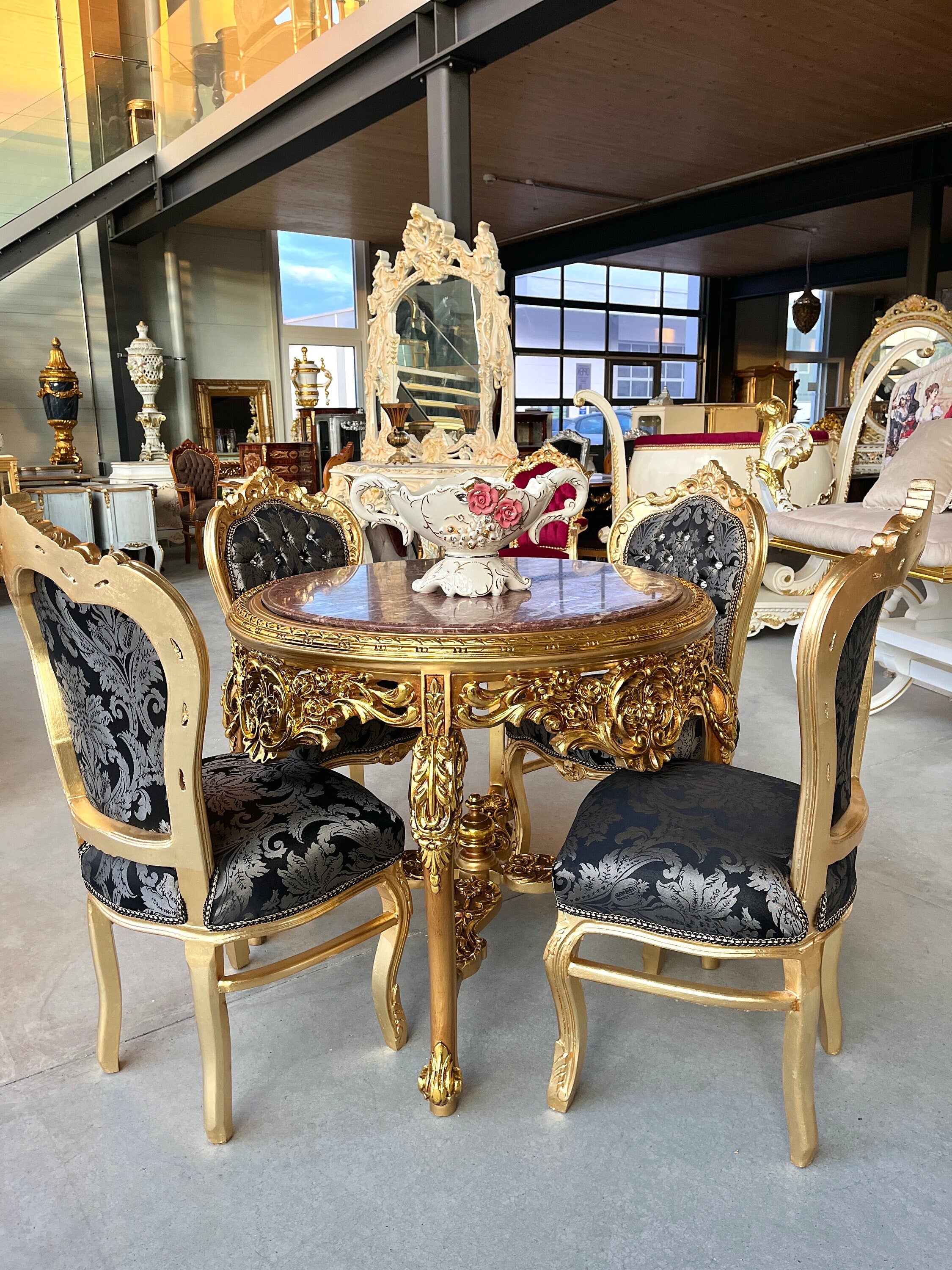 Baroque Accent Chair Black Floral Dining Chair in Gold Finish Retro French Style