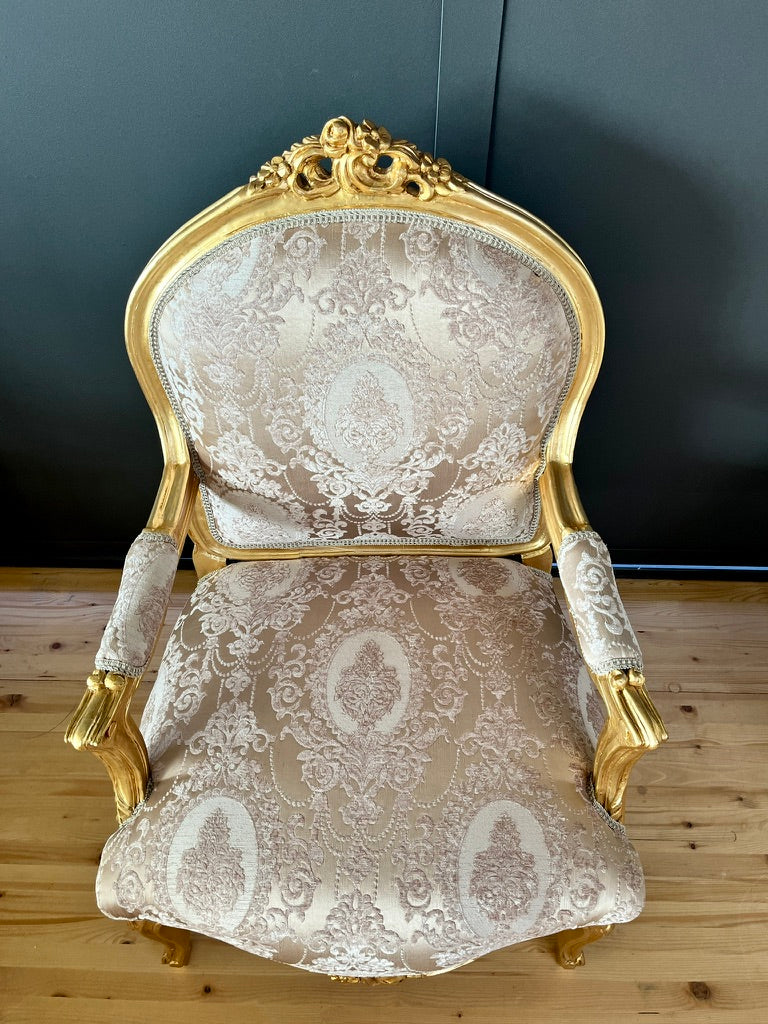 Rococo Louis XV Accent Armchair Black & Gold Floral Damask French Baroque Lounge Chair