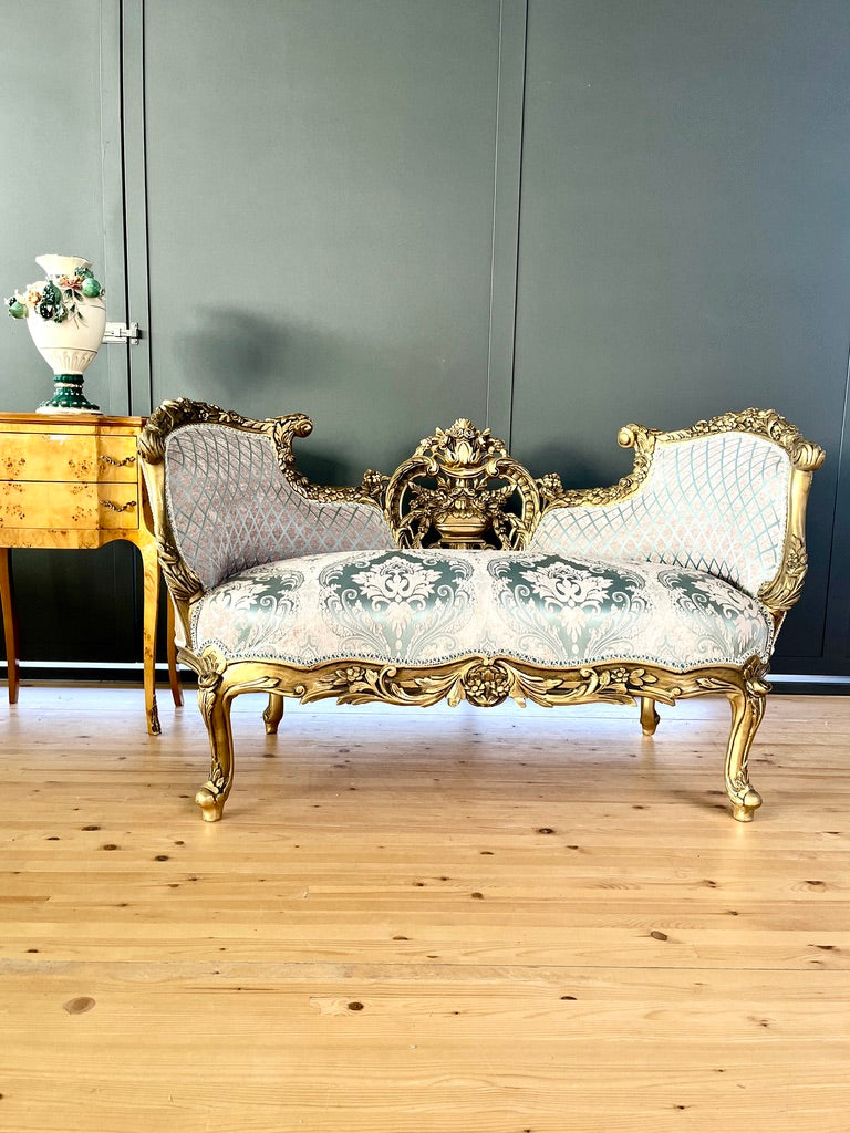 Love Seat Royal Baroque Style Bench Sky Blue Damask Flower Pattern Antique Style Couch in Gold Finish for Housewarming Party Xmas Home Gift