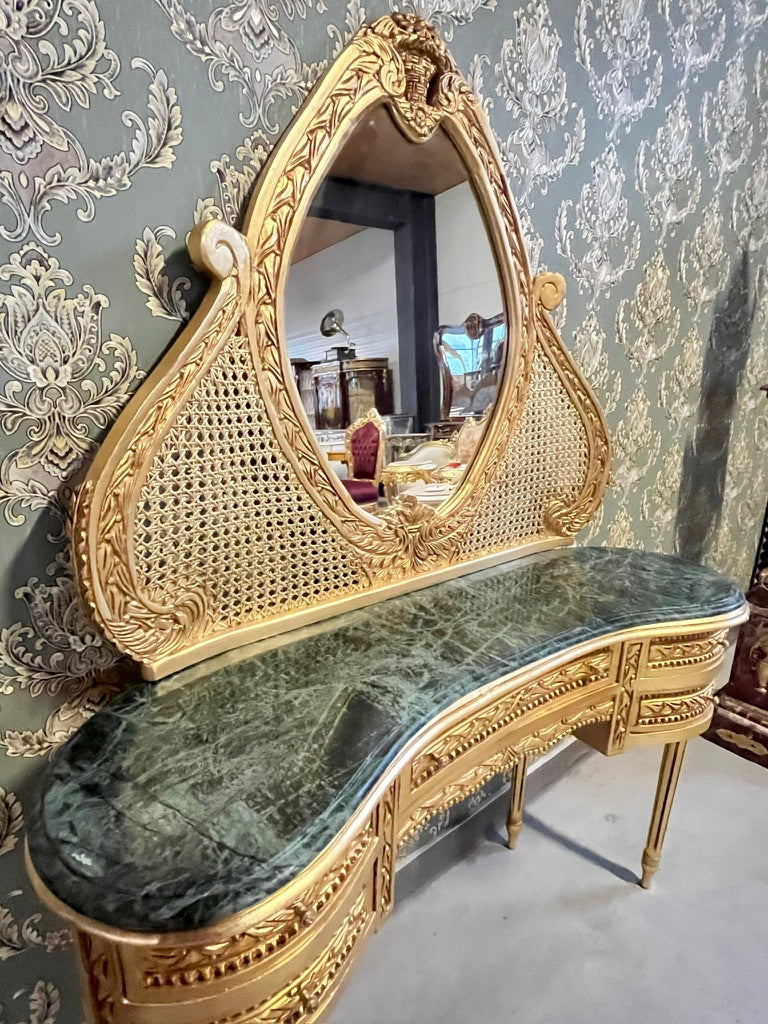 CasAmin Möbel Rococo Accent Mirror Vanity Set with baroque mirror and marble-topped table, elegant furniture for luxury decor.